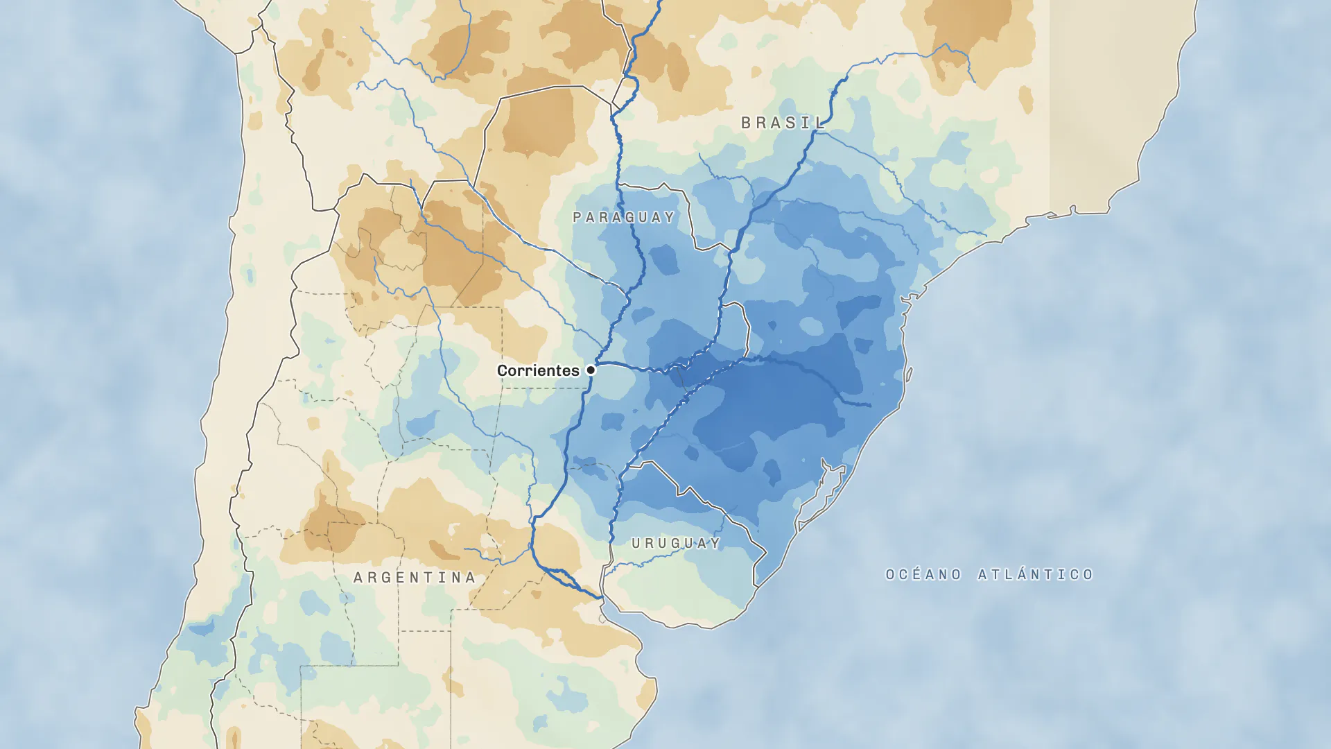 Mapa del sur de Brasil, Paraguay y el norte de Argentina con la lluvia de octubre a diciembre en los años de El Niño, mucho mayor que lo normal en el sur de Brasil, Misiones y Corrientes