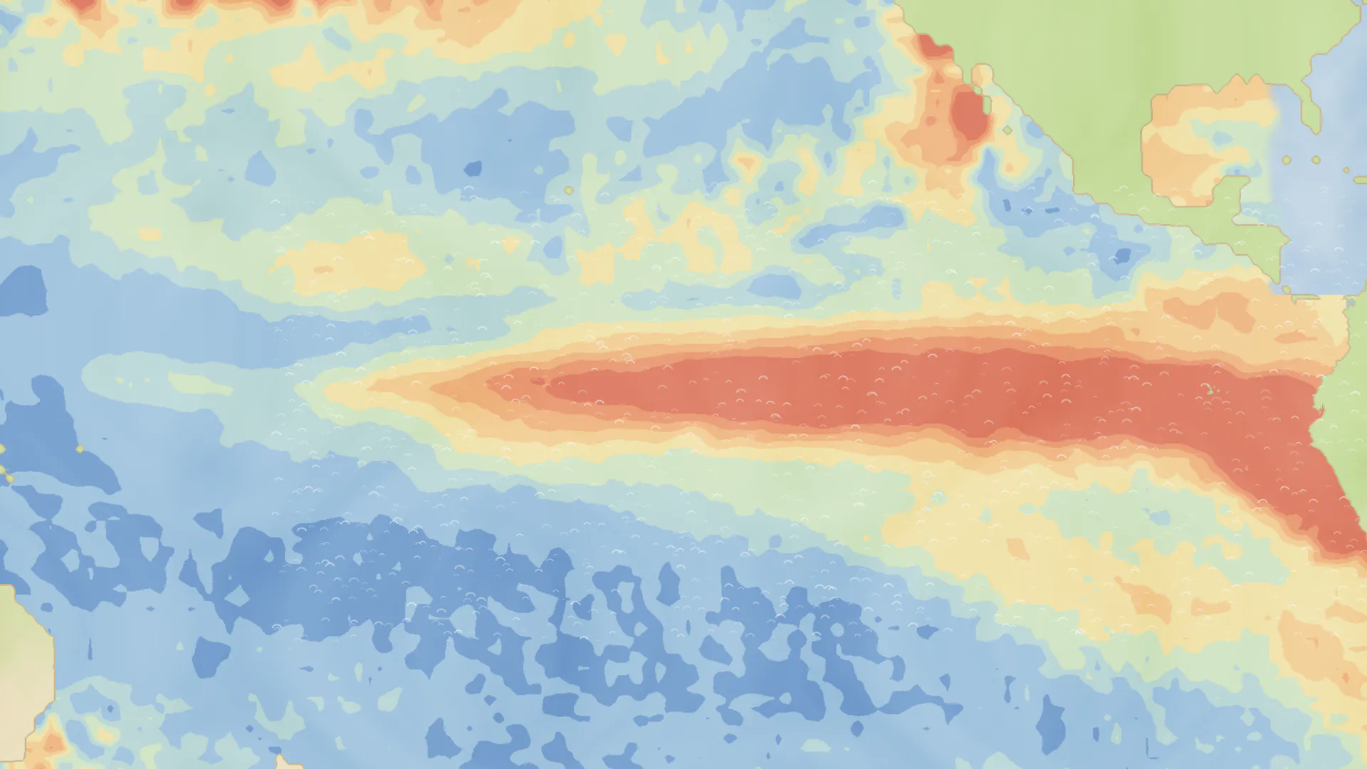 Mapa del océano Pacífico a principios de octubre de 2026, con el agua del centro y del este mucho más caliente que lo normal